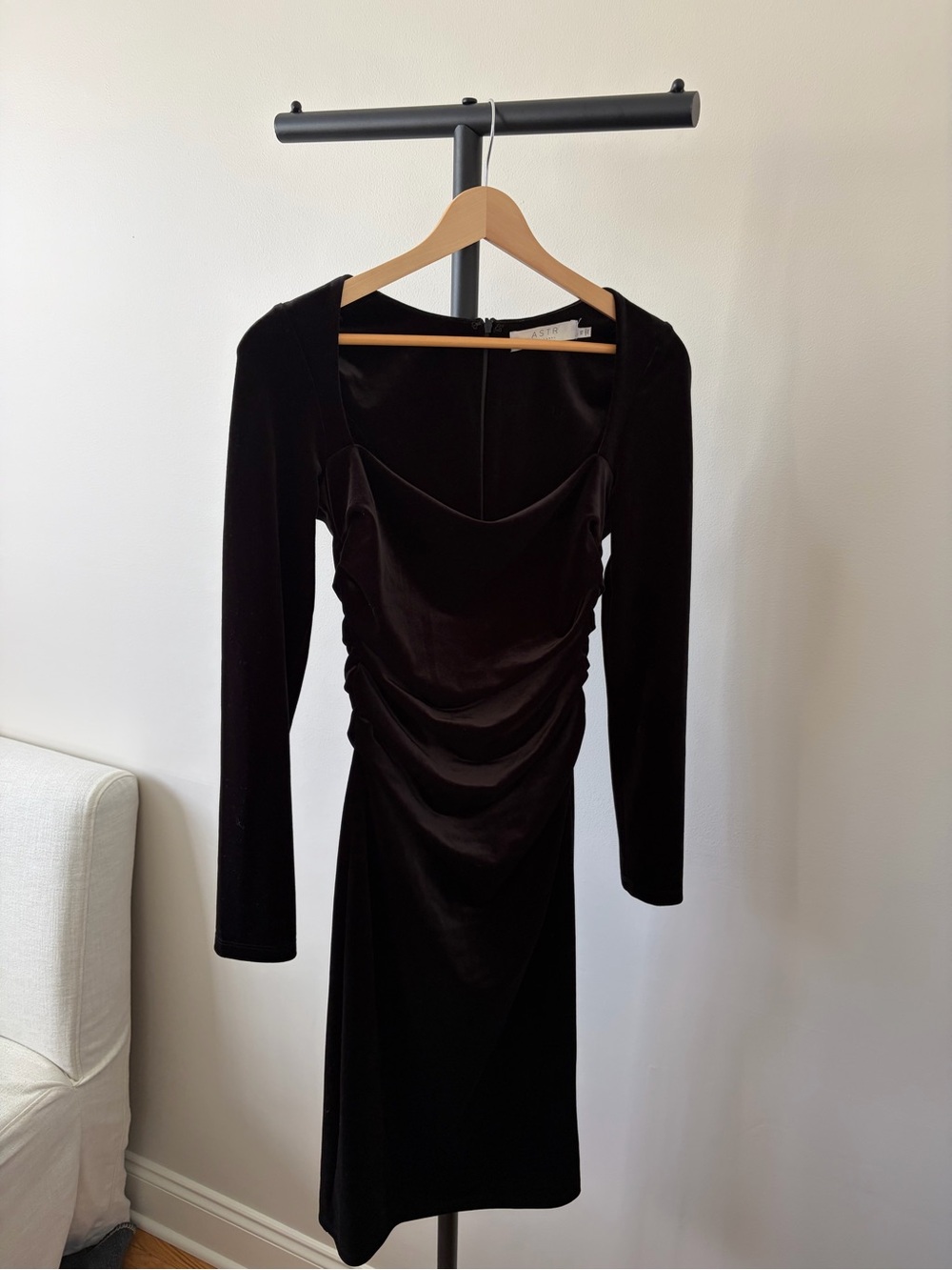 Astr Black Long Sleeve Velvet Ruched Midi Dress